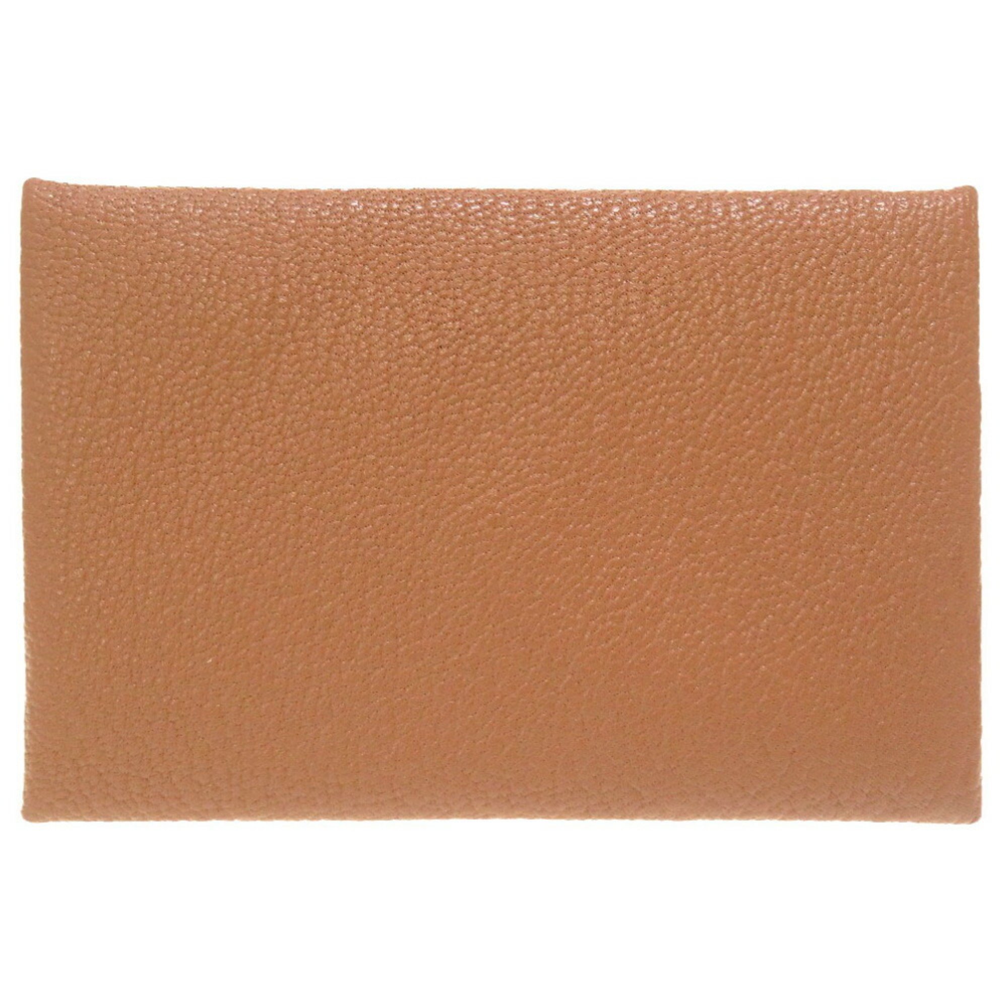 Hermes Calvi Chevre Beige Y Engraved Card Case Brown